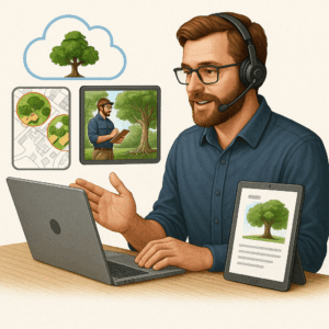 A consulting arborist wearing a headset provides expert tree advice over a video call, with a laptop, tablet, and site plans illustrating tree assessments and preservation maps. digital arborist, virtual tree consultation, remote arborist services, ISA Master Arborist, arborist video call, online tree assessment, tree preservation plan, tree protection ordinance support, arborist for property managers, monthly arborist subscription, site plan review, cloud-based arborist service, tree risk evaluation online, arborist teleconsultation, consulting arborist access