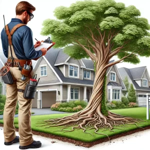 Certified arborist performing a tree risk assessment in front of a residential property, evaluating a large mature tree with exposed surface roots. tree risk assessment, certified arborist, ISA Master Arborist, ASCA Registered Consulting Arborist, tree hazard evaluation, tree safety inspection, residential tree inspection, tree root hazards, structural tree assessment, arborist site visit