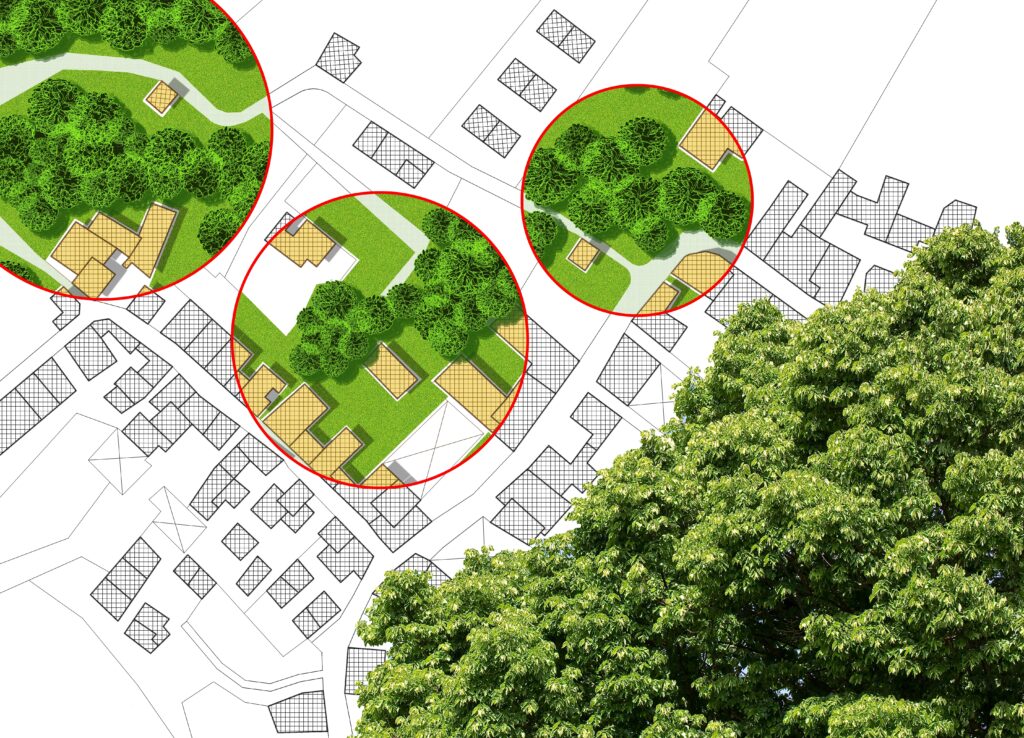 Tree protection zones highlighted on a site plan map during construction planning, showing clustered tree groups preserved within red boundary circles. tree protection zone, TPZ, construction tree preservation, site plan with trees, tree protection through construction, ANSI A300, ISA best practices, arborist site planning, root zone protection, tree preservation ordinance, sustainable development planning, tree-safe construction practices, critical root zone mapping, pre-construction arborist report