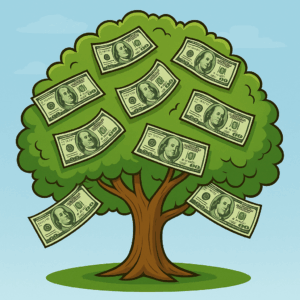 Hundred-dollar bills growing from the branches of a green tree in daylight Cartoon tree with hundred-dollar bills as leaves, symbolizing tree value