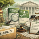 Illustration showing arborist liability concepts including ANSI A300 standards, ISA Best Management Practices, professional documentation, and legal responsibility related to tree risk assessment