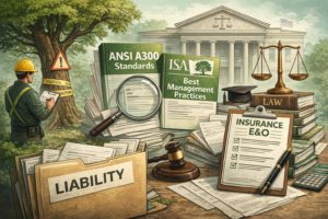 Illustration showing arborist liability concepts including ANSI A300 standards, ISA Best Management Practices, professional documentation, and legal responsibility related to tree risk assessment