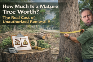 Consulting arborist measuring mature tree diameter for trunk formula technique valuation after unauthorized removal