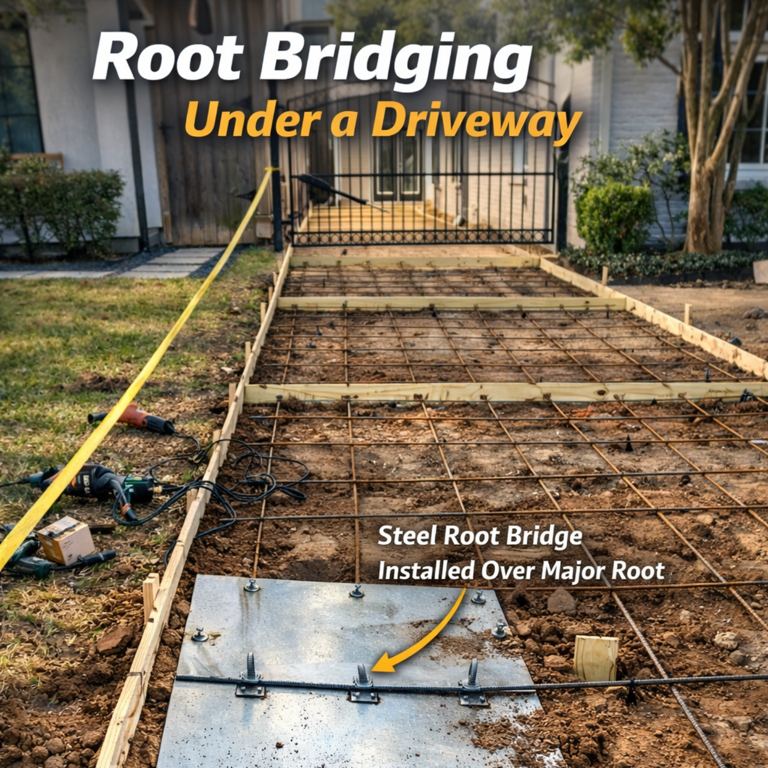 Steel plate root bridging system installed beneath a driveway to prevent concrete uplift while preserving large structural tree roots