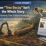 Forensic tree failure analysis at a construction site showing basal failure and construction-related root disturbance