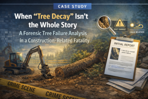 Forensic tree failure analysis at a construction site showing basal failure and construction-related root disturbance