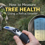 Arborist using a garlic press to extract leaf sap for Brix testing with a handheld refractometer to measure tree health and photosynthetic sugar levels.