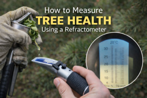 Arborist using a garlic press to extract leaf sap for Brix testing with a handheld refractometer to measure tree health and photosynthetic sugar levels.