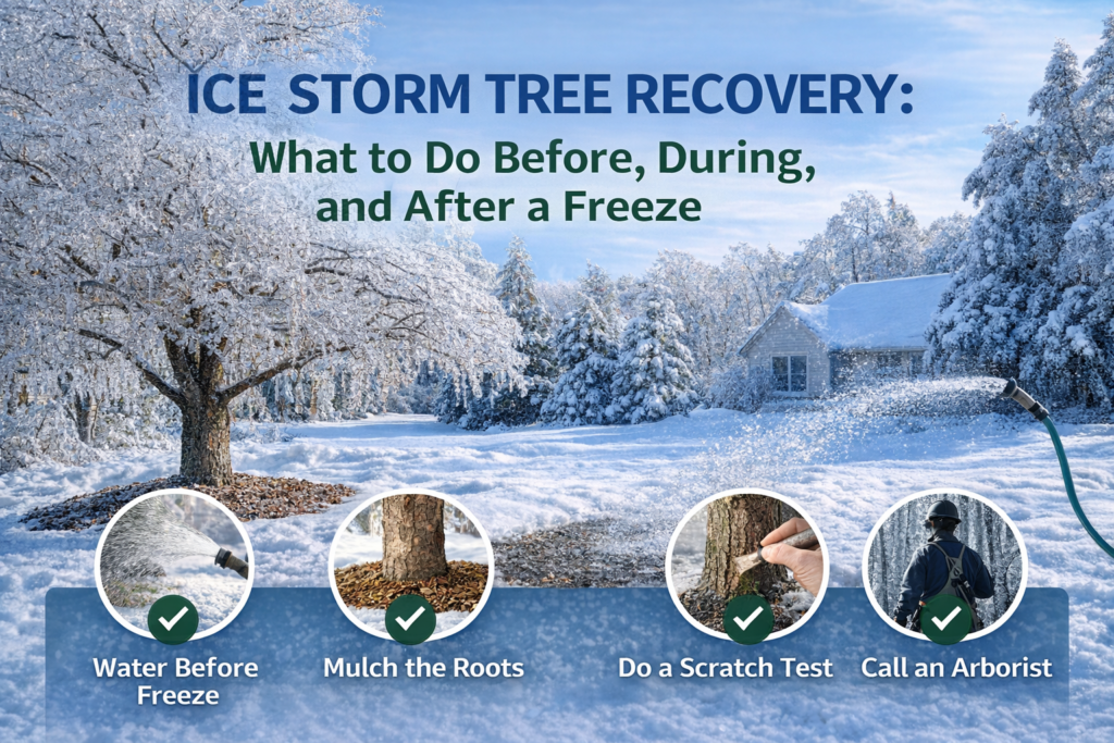 Ice storm damage to trees showing recovery steps including watering, mulching, scratch testing, and professional arborist evaluation