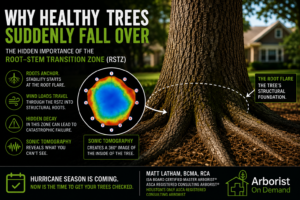 Illustration showing how the Root-Stem Transition Zone (RSTZ) supports tree stability and how sonic tomography detects hidden decay near the root flare before tree failure.