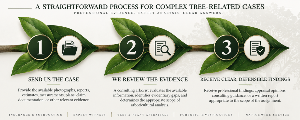 Three-step consulting arborist case review process for insurance, appraisal, forensic investigation, and expert witness assignments.