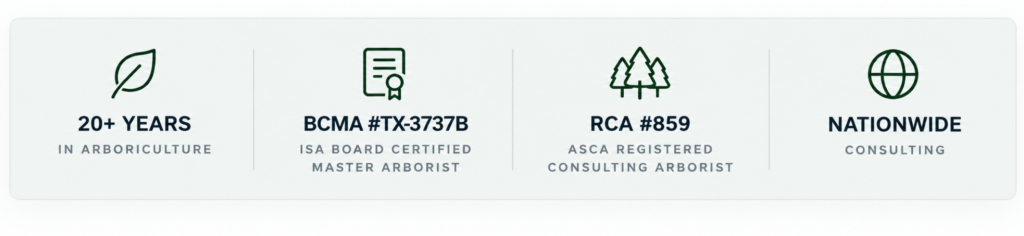 Arborist On Demand credentials: 20+ years in arboriculture, ISA Board Certified Master Arborist TX-3737B, ASCA Registered Consulting Arborist 859, and nationwide consulting.